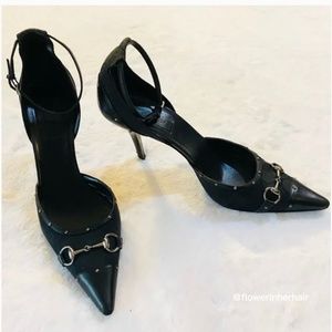 GUCCI Black GG Canvas & Leather Studded Horsebit Pointed Toe Sandals Size 8.5